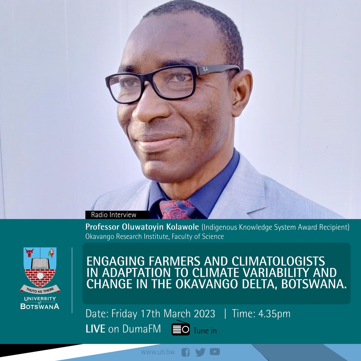 UBBotswana's tweet image. #RadioInterview  #DumaFM
Engaging Farmers and Climatologists in Adaptation to Climate Variability and Change in the Okavango Delta, Botswana.
Tune in today at 4.35pm
