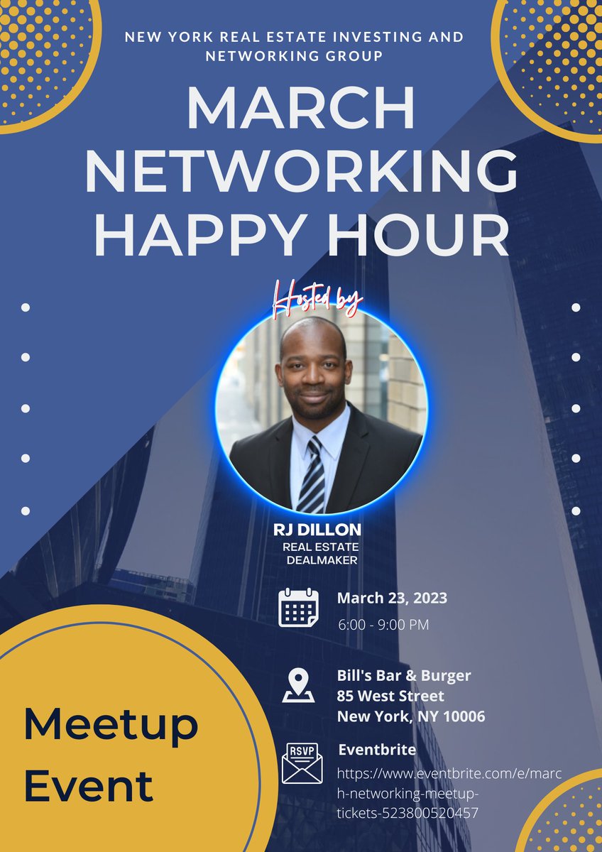 rjdilloncre's tweet photo. This month's real estate networking event will be at Bill's Bar &amp; Burger, 85 West Street, New York
Come out for a night of networking, deal making, and good company.
RSVP on Eventbrite:
https://t.co/pvx1y9h2pk

#networknetworth #realestatenetworking #realestatenetwork https://t.co/1WLj8jqarx