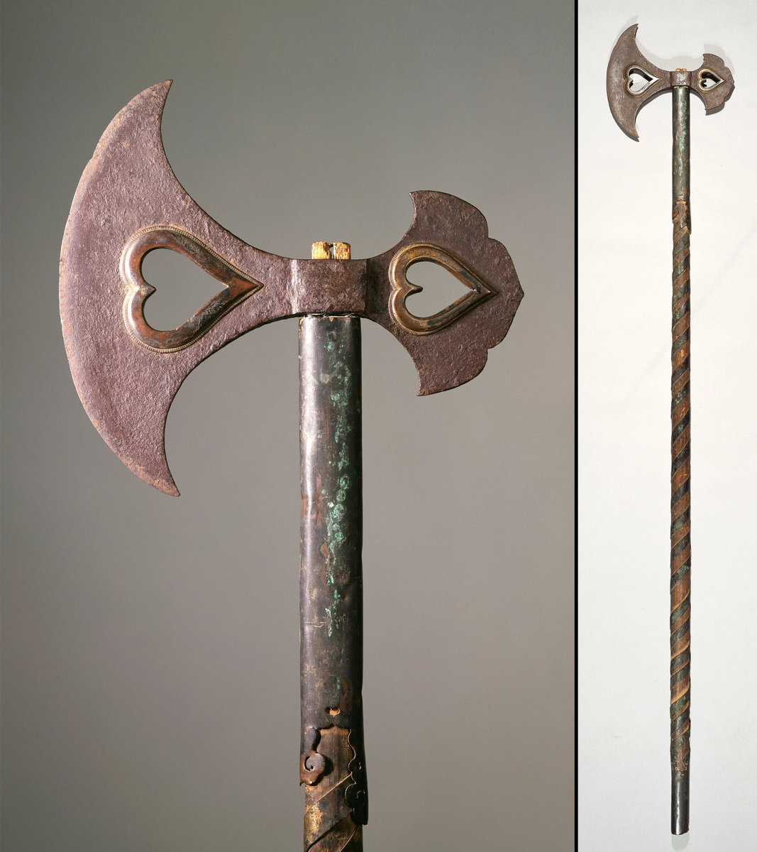 an axe with heart-shaped holes in the blade, japan, 14th century