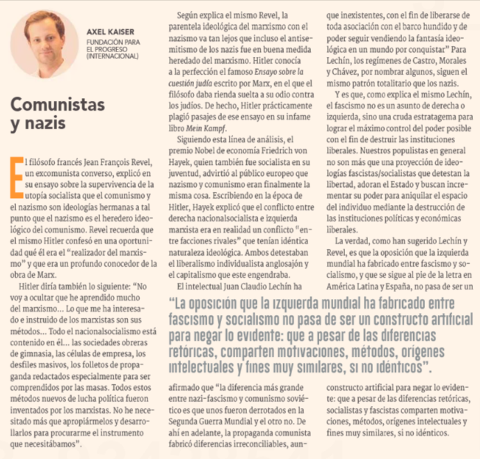 BotCheckerCL's tweet photo. Hoy estrenamos nueva herramienta 🤖💡

¿Que hicimos?
Tomamos la columna de opinión de @axelkaiser en @DFinanciero y le pedimos a un modelo de inteligencia artificial que la analice ⚙️🧠

Resultado: 
La IA encontró 1 acierto y 7 falacias argumentativas.

Lee el análisis completo 

🤖: En esta columna de opinión, se pueden identificar los siguientes aspectos:

✅Aciertos:
1: La columna menciona que tanto el comunismo como el nazismo han utilizado métodos similares en términos de organización y propaganda, lo que es cierto en el sentido de que ambos sistemas han empleado tácticas de control social y político.

🚫Falacias, sesgos e incongruencias:

1: Generalización apresurada: La columna asume que el comunismo y el nazismo son ideologías hermanas basándose en las opiniones de Jean François Revel y algunas declaraciones de Hitler. Estas declaraciones no son suficientes para establecer una relación directa y equivalente entre ambas ideologías.

2: Argumento ad hominem: La columna menciona que Revel y Friedrich von Hayek fueron excomunistas, lo que podría interpretarse como un intento de atacar su credibilidad o su punto de vista, en lugar de centrarse en la validez de sus argumentos.

3: Sesgo de confirmación: La columna presenta una selección de datos que respaldan la idea de que el comunismo y el nazismo son ideologías hermanas, pero no considera argumentos en contra de esta idea.

4: Falsa equivalencia: La columna equipara el antisemitismo del nazismo con el supuesto antisemitismo de Marx. Sin embargo, es importante destacar que las ideas antisemitas de Marx no se convirtieron en una política central del comunismo, mientras que el antisemitismo fue un pilar fundamental del nazismo.

5: Falacia de causa falsa: La columna sugiere que las similitudes entre el comunismo y el nazismo se deben a que ambos detestan el liberalismo individualista anglosajón y el capitalismo. No se proporciona evidencia suficiente para respaldar esta afirmación.

6: Argumento ad verecundiam: La columna cita las opiniones de Juan Claudio Lechín como autoridad en la materia, pero no proporciona pruebas o argumentos adicionales que respalden sus afirmaciones.

7: Ambigüedad: La columna utiliza términos como "fascismo" y "socialismo" de manera intercambiable y sin definirlos con precisión, lo que puede conducir a confusiones y malentendidos.

Resumen: 
En general, la columna de opinión presenta falacias y sesgos que debilitan su argumento. 
Aunque es válido analizar las similitudes entre el comunismo y el nazismo, es importante hacerlo de manera objetiva y basada en datos sólidos, sin caer en generalizaciones o tergiversaciones.