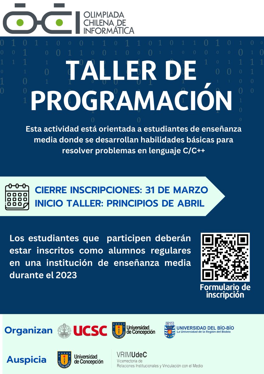 monicaUBB's tweet photo. Olimpiadas Chilenas en Informática Bío-Bío. Inscripciones hasta el 31 de marzo.  @faceubb @ubbchile https://t.co/3cyBY2PAbh