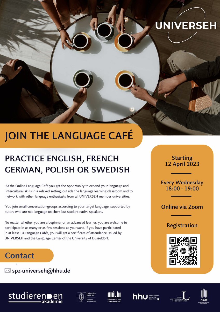 universeh_eu's tweet photo. ☕️The Online #Language Cafés are back! #SpaceUp your language skills! 🚀
🗓The #LanguageCafe will take place every Wednesday at 18:00 starting from April 12th.
ℹ️REGISTER: https://t.co/qE92lOXzqP https://t.co/NXwzw9xkax