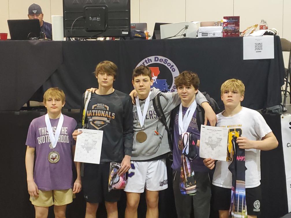 Last Saturday this crew competed in the Ark La Tex Classic in Shreveport, LA and brought back a ton of hardware! Results: Iggy Smout 1st, Wilson Jamison 1st &amp; 3rd, Louis Hendricks 3rd, Mason Butler 1st, and Findley Smout 2nd &amp; 1st. *Some wrestlers competed in two divisions.