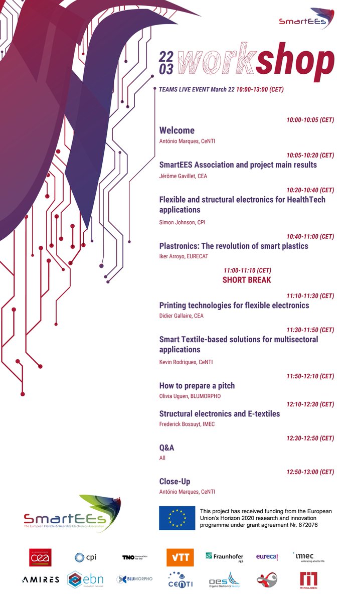 SmartEEsEU's tweet photo. It is time for the #SmartEEs2 (SmartEEs_EU) Project's last workshop: "#Flexible and #Printed #Electronics for Multisectoral Applications".

🗓️ Wed 22/03, 10:00-13:00 (CET)

✅Register here: https://t.co/esyIcEL10q 
Learn more about SmartEEs2 at https://t.co/UgzWVPFHvx https://t.co/GIdFyESQuz