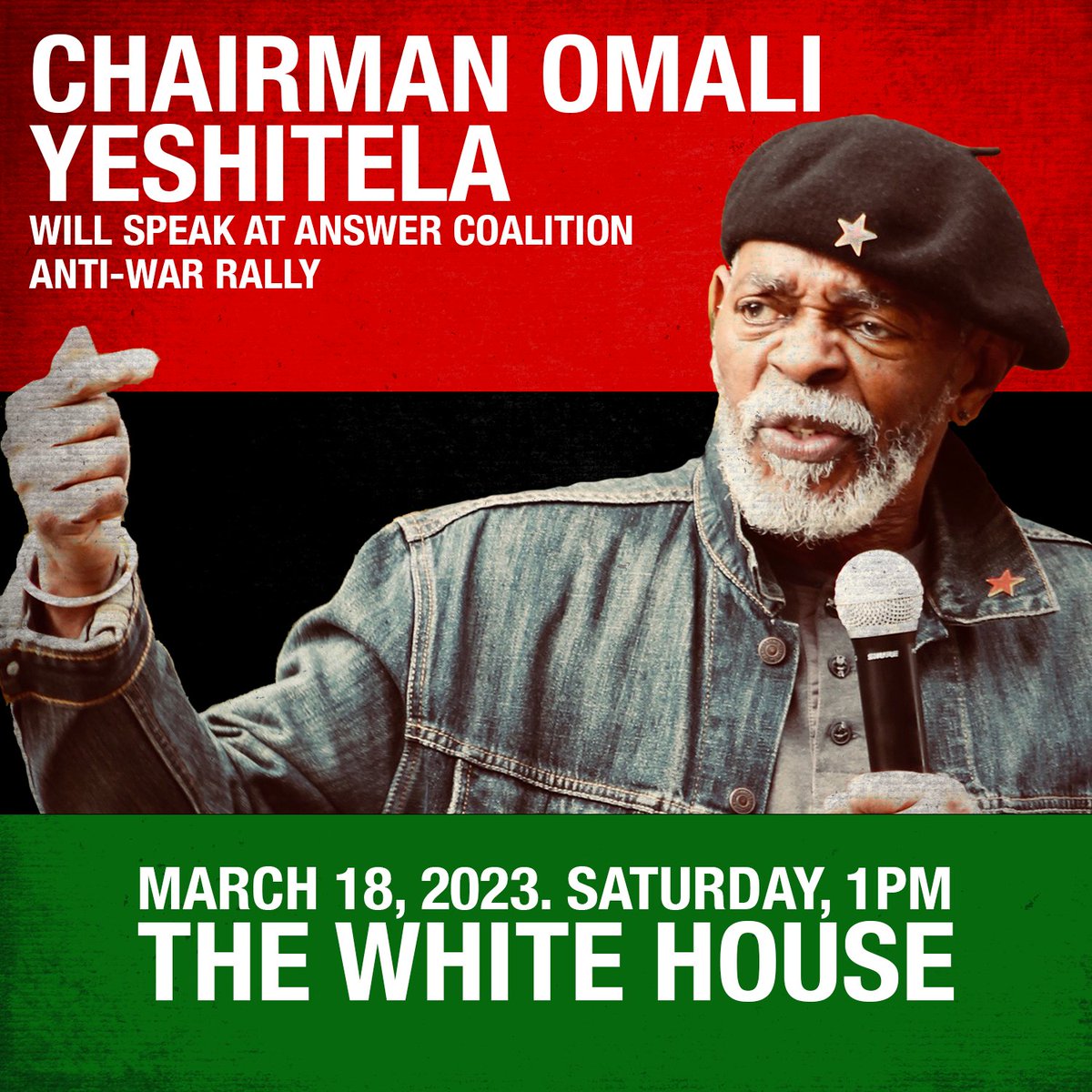 Chairman Omali Yeshitela of the African People's Socialist Party will be speaking at the ANSWER Coalition's (Act Now to Stop War and End Racism) anti-war rally in Washington D.C. on March 18th at 1pm ET.  TOMORROW! 
#HandsOffUhuru #HandsOffChairmanOmali #UnityThroughReparations