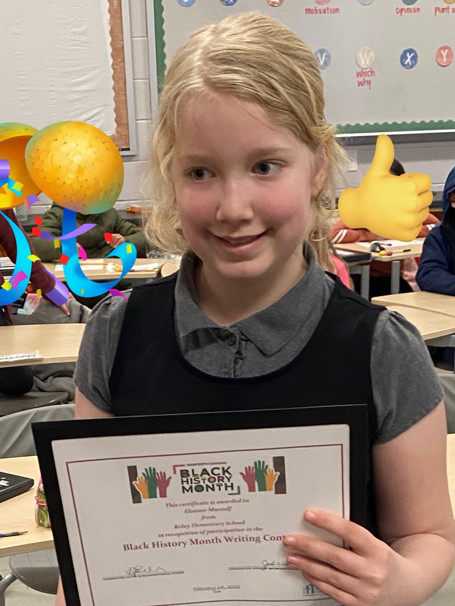 LisaGraceRelay's tweet photo. Celebrating our gifted 3rd grade scholars for their excellence in writing by recognizing their participation in the BCPS Black History Month essay contest!  Bravo to Relay’s own Dylan and Eleanor!  👏🏻 @BaltCoPS @Relay_BCPS Presented by Meadow, Principal for the hour @parknrelay https://t.co/l8I0lPxPIs