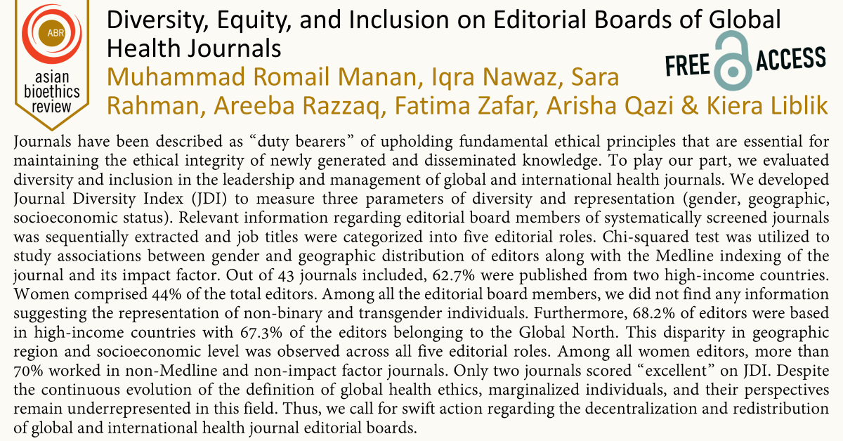 #Diversity, Equity, and Inclusion on Editorial Boards of #GlobalHealth Journals

Muhammad Romail Manan, Iqra Nawaz, Sara Rahman, Areeba Razzaq, Fatima Zafar, Arisha Qazi &amp; @LibliKiera

Free Access ✅ link.springer.com/article/10.100… ⬅️
#Bioethics #PublicationEthics #GlobalSouth