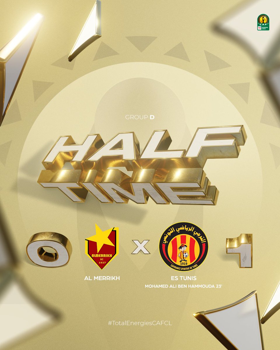 CAFCLCC's tweet photo. ⏱️ HALF-TIME!

🇸🇩 @Almerrikh08 0-1 @ESTunis1919 🇹🇳 

Ben Hammouda puts ES Tunis ahead! ⚽

#TotalEnergiesCAFCL | #MSCEST https://t.co/n8SjlkXRiJ