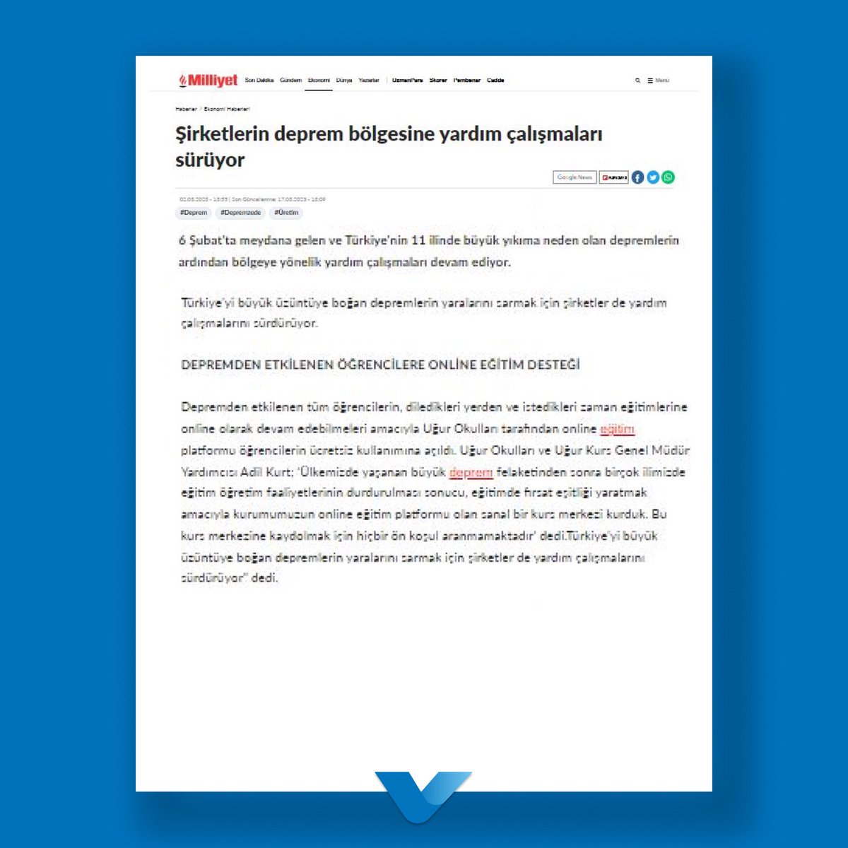 Uğur Dijital ile depremden etkilenen öğrencilere ücretsiz online eğitim desteği!

🔗hurriyet.com.tr/ekonomi/surdur…

🔗sozcu.com.tr/2023/egitim/de…

🔗milliyet.com.tr/ekonomi/sirket…

🔗posta.com.tr/ekonomi/sirket…

🔗gazetevatan.com/ekonomi/sirket…