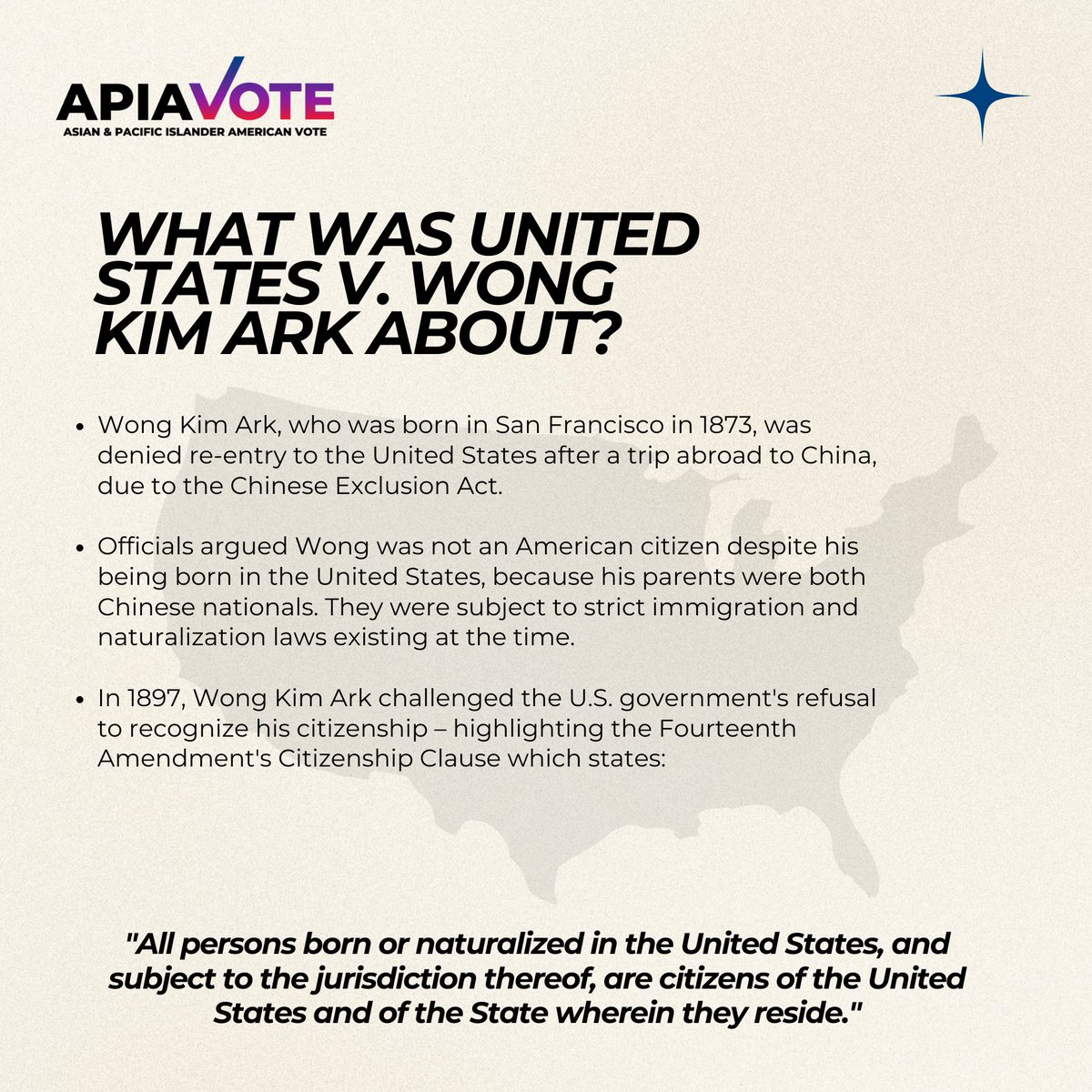 APIAVote's tweet photo. 125 years ago, SCOTUS settled once and for all that if you are born in the United States – you are in fact, a United States citizen. No matter your race or your parents' immigration status.

Learn more about United States v. Wong Kim Ark, and this historic anniversary: https://t.co/macKx0EWVL