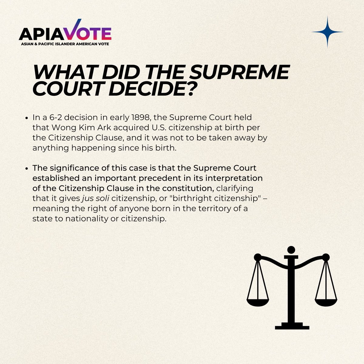 APIAVote's tweet photo. 125 years ago, SCOTUS settled once and for all that if you are born in the United States – you are in fact, a United States citizen. No matter your race or your parents' immigration status.

Learn more about United States v. Wong Kim Ark, and this historic anniversary: https://t.co/macKx0EWVL