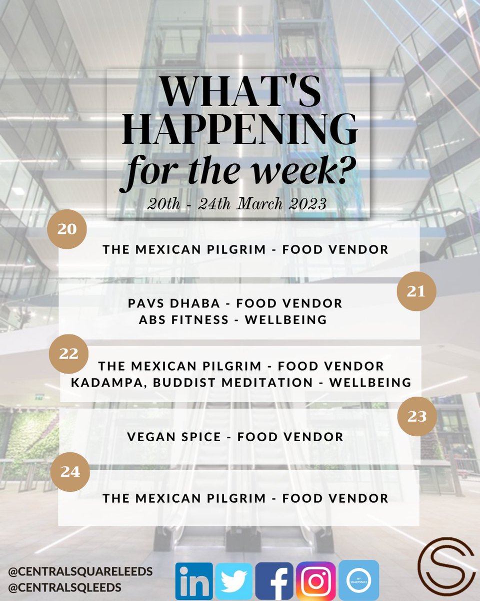 What's happening for the week at Central Square?
Feel free to pop by and join in on the fun! 😋 

#engagement  #activities  #cbre #MandGRealEstate #CreatingCommunities #centralsquareleeds