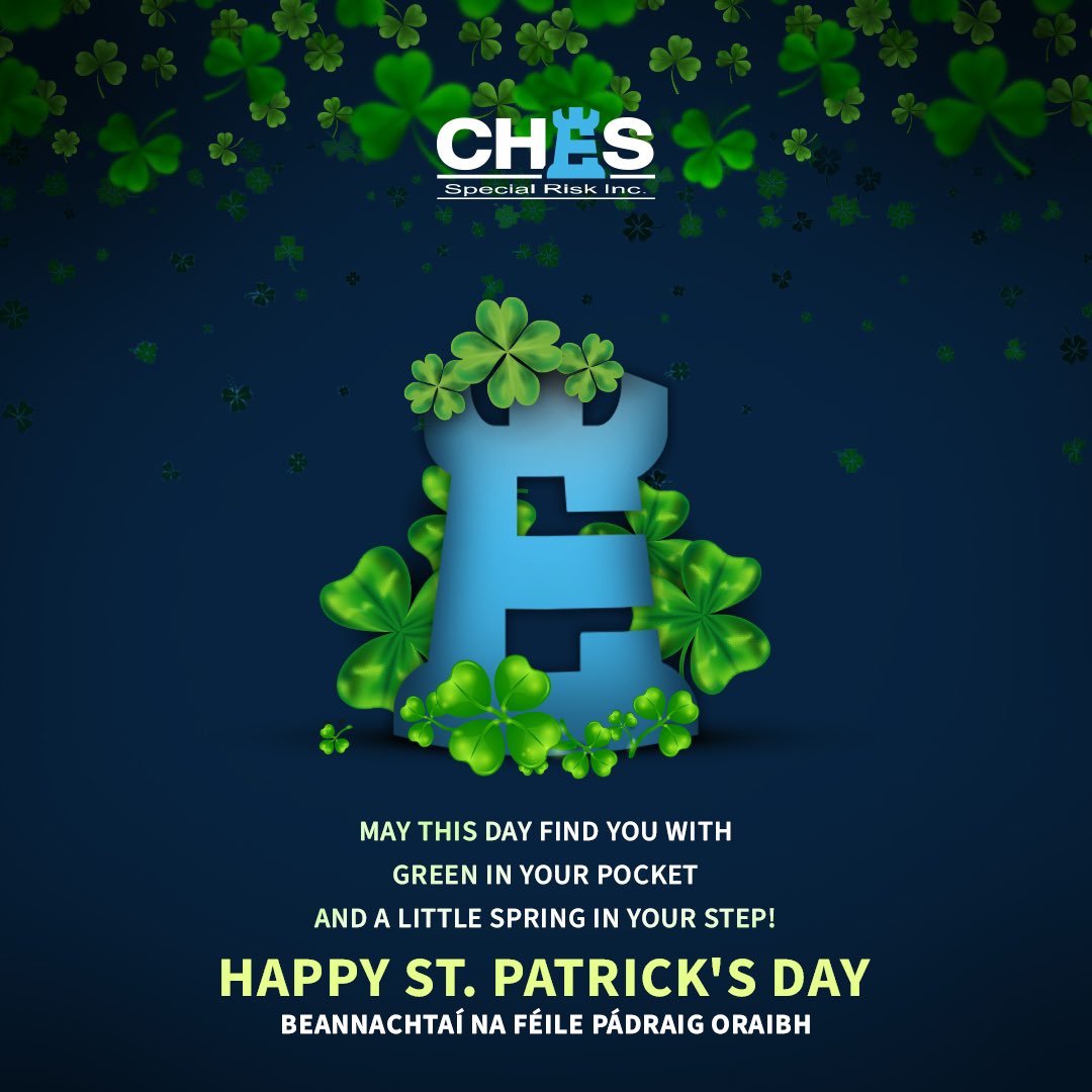 Wishing everyone lots of cheer, beer, and blessings this St. Patrick's Day! 🍀

#CHES #CHESSpecialRisk #ChesTheInsuranceArtists #Insurance #Brokers #Underwriters #Canada #StPatricksDay  #StPatsDay  #PaddyAllDay #LetsPaddy #GreenMode