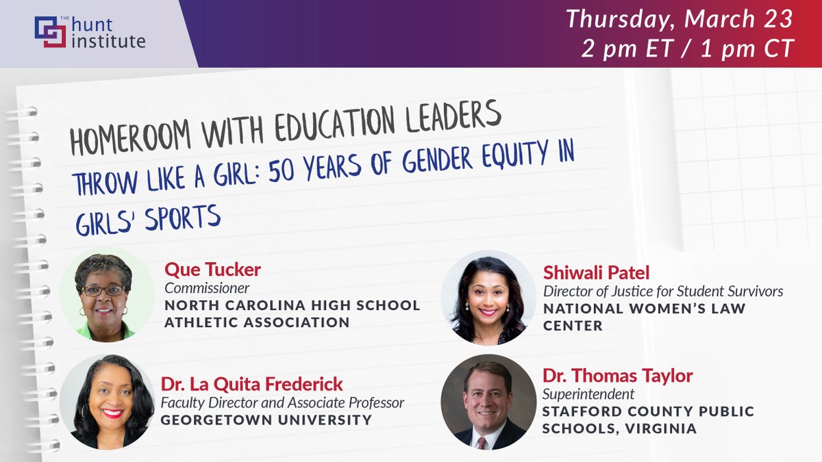 DanWuori's tweet photo. Looking forward to this: On March 23, @Hunt_Institute will host an #EdHomeroom webinar on why girls often struggle to access sports, how schools can break down barriers, and how participation supports overall student success. You can register here: https://t.co/gJ7XQNZ6I1 https://t.co/7Ru4qDn5uM