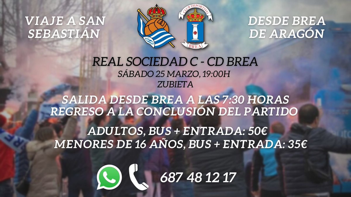 cd_brea's tweet photo. 🚍| 𝗩𝗜𝗔𝗝𝗘 𝗔 𝗦𝗔𝗡 𝗦𝗘𝗕𝗔𝗦𝗧𝗜𝗔́𝗡

Con motivo del partido que se disputará el próximo sábado 25 de marzo a las 19:00 horas contra la @RealSociedad C correspondiente a la jornada 2️⃣7️⃣, el CD Brea organiza viaje en autobús desde Brea de Aragón con entrada incluida.

🤍💙 https://t.co/Pyo6vLNzBi