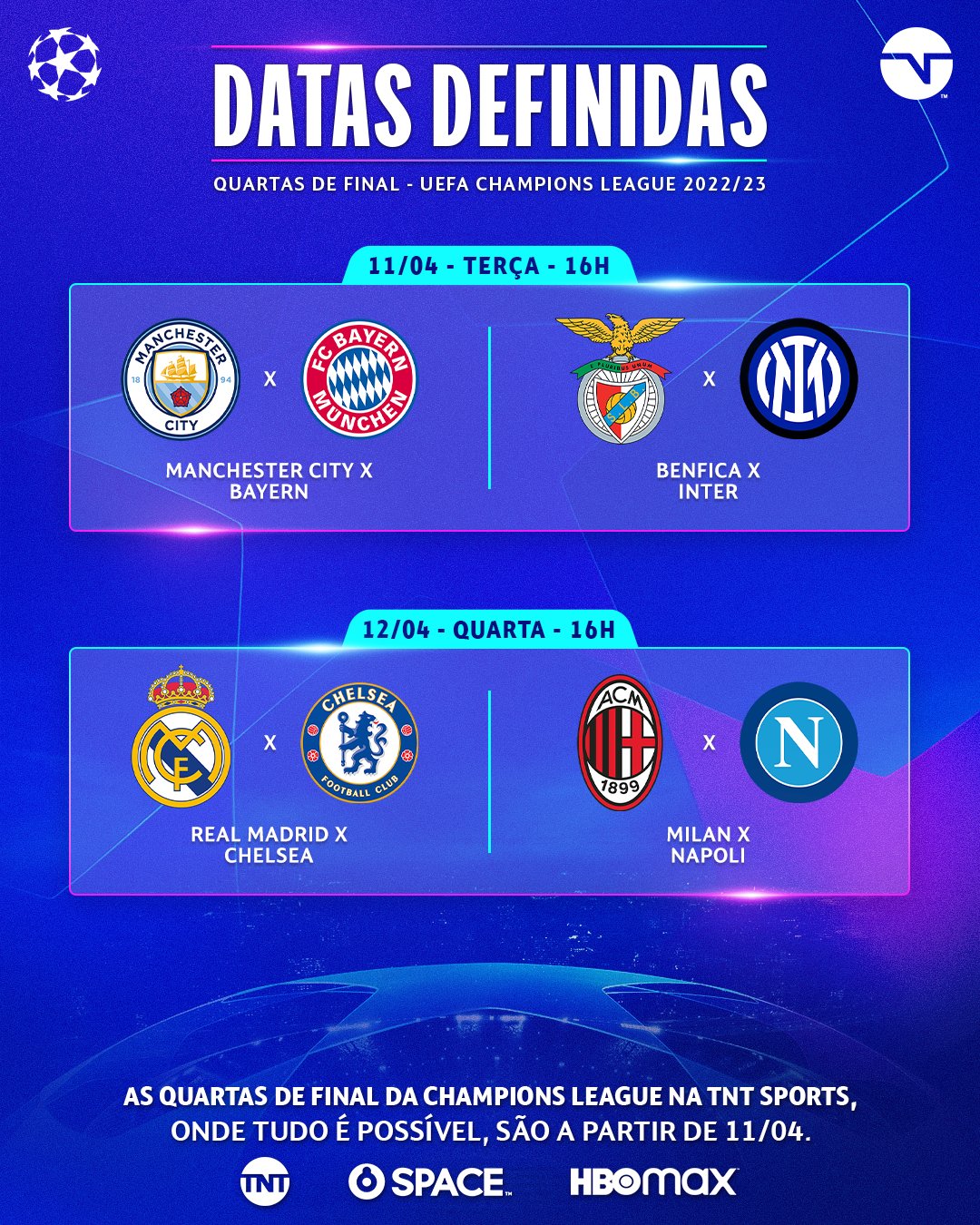 Veja as datas dos jogos das quartas de final da Champions League