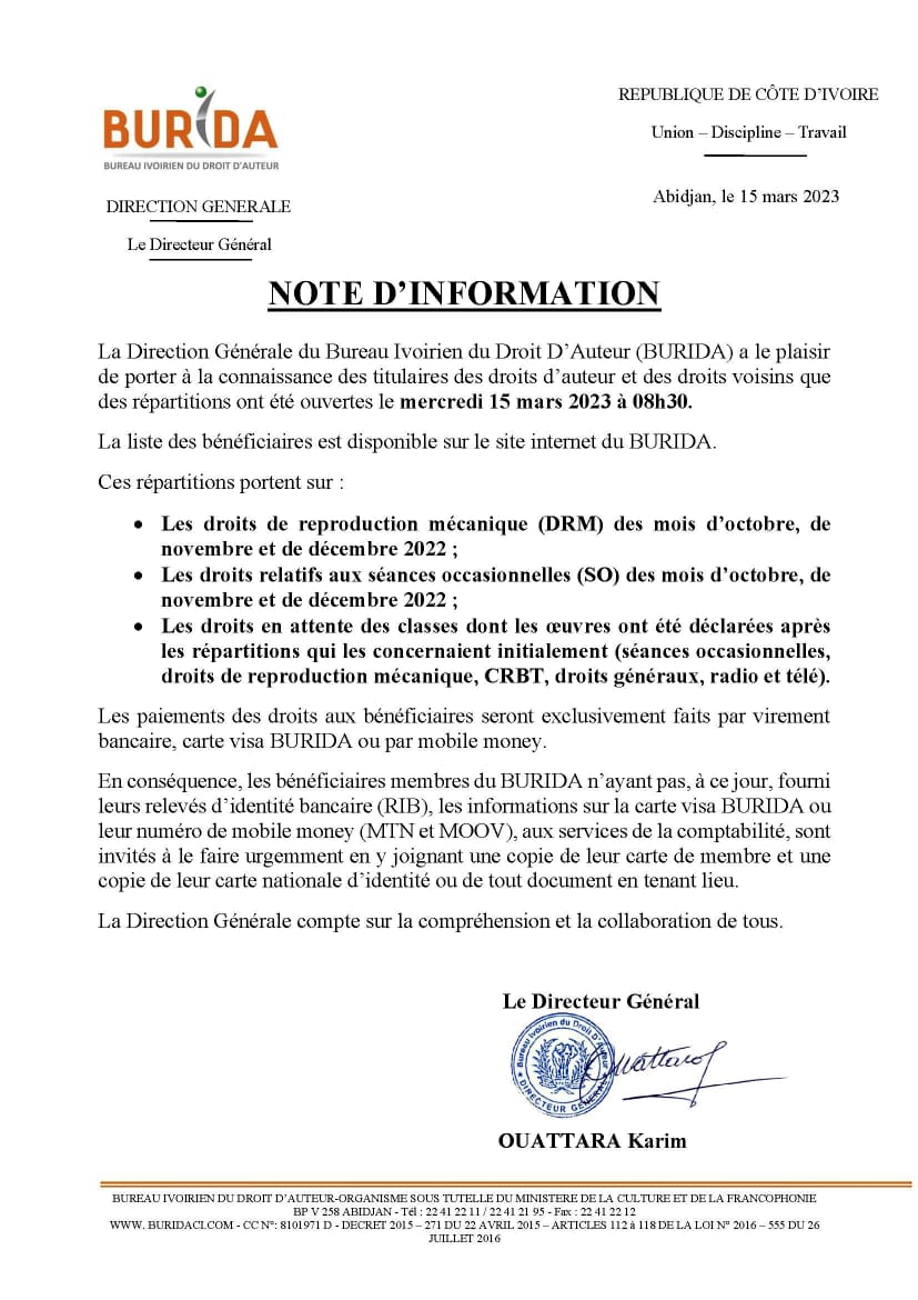 BuridaOfficiel's tweet photo. RÉPARTITION DU 15 MARS 2023 
BONNE NOUVELLE POUR LES ARTISTES
VOUS POUVEZ CONSULTER LA LISTE DE LA REPARTITION DU MOIS DE MARS 2023 SUR CE LIEN
https://t.co/KCTW8fo74k
#BURIDA #DROITDAUTEUR #REPARTITION #PHICAULT #NASH #ANZATAOUATTARA #AMBASSADEURAGALAWAL https://t.co/2afKL8c649