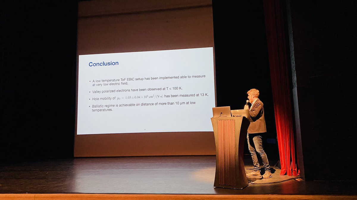 Great presentation by Prof. Julien Pernot about hole mobilities of 1000000 cm2/Vs in high purity <a href="/ElementSix_/">Element Six</a> diamond crystals! 😮 #SBDD27 #diamond 💎