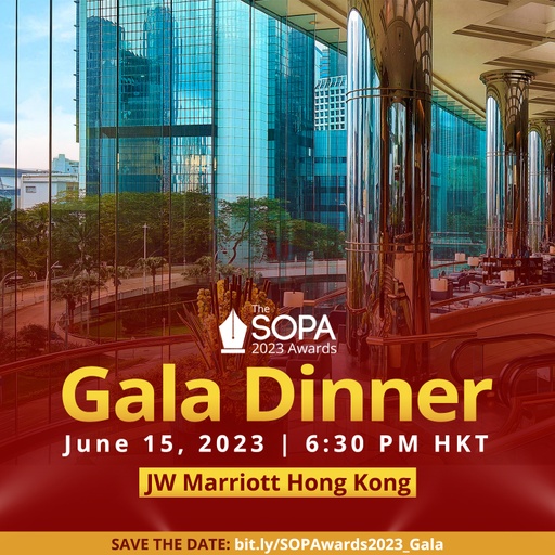 sopasia's tweet photo. GOOD NEWS ���

SOPA Awards are back in person! Join us for the #SOPAwards2023 Gala Dinner on June 15, 2023 at JW Marriott Hong Kong.

📍 Save the date: https://t.co/9D074rk8YF 

More details to be announced soon! Sign up to our mailing list https://t.co/wpkKTl2GS4 to keep updated! https://t.co/grCqdnrVxv