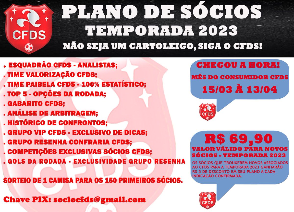 CartolaCFDS's tweet photo. Promoção do mês do consumidor CFDS :

Além do desconto durante assinatura do plano, se você indicar um amigo você ganha + R$ 5.00 se desconto na sua assinatura, vai perder essa oportunidade? 

NÃO SEJA UM CARTOLEIGO, ASSINE O CFDS 🚀 https://t.co/IOw1C0lrR7