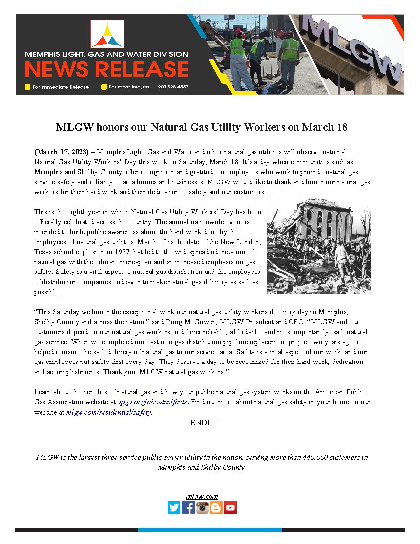 MLGW's tweet photo. Memphis Light, Gas and Water and other natural gas utilities will observe national Natural Gas Utility Workers’ Day this week on Saturday, March 18. #MLGW #NGUWDay @APGA #gasworkers #ServingYouIsWhatWeDo https://t.co/P2OoA5noPe