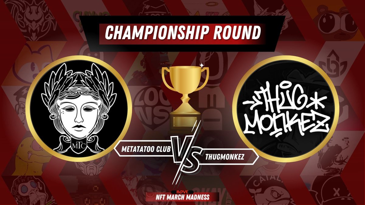 🏆CHAMPIONSHIP ROUND 🏆
<a href="/MetaTattooClub/">MTC | #LGFI 🏛</a>  vs <a href="/thugmonkez/">ThugMonkez</a>  
 
The community with the most comments clearly casting a vote below this tweet by Saturday, March 18th, 10am EST takes home the crown and the Rove-sponsored event.

Voting Rules⬇️