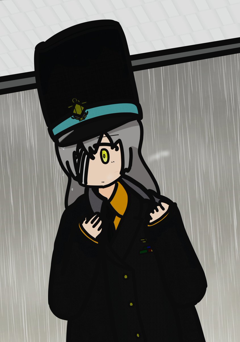 1girl solo hat rain grey hair black headwear long hair  illustration images