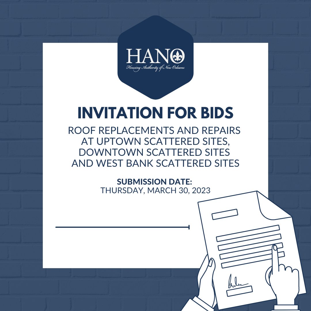HANO is requesting bids for roof replacement and repairs at the Uptown, Downtown and Westbank Scattered Sites. For information about the scope of work or instructions on how to submit a quote, visit - bit.ly/3YX1BIu

#roofreplacement #roofing #invitationforbids