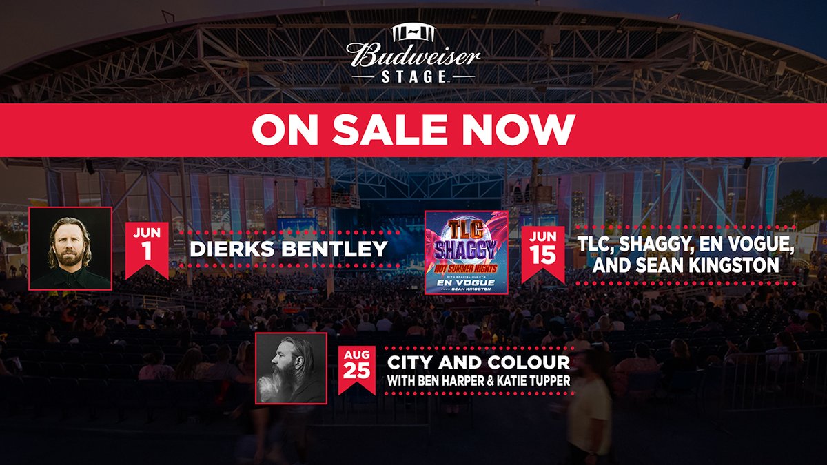 Budweiser Stage (@budweiserstage) on Twitter photo Let’s shamrock and roll 🍀🤘
Tickets to <a href="/DierksBentley/">Dierks Bentley</a>, <a href="/OfficialTLC/">TLC</a>, <a href="/DiRealShaggy/">Mr Boombastic</a>, <a href="/EnVogueMusic/">En Vogue</a> and <a href="/SeanKingston/">SEAN KINGSTON ©</a> & <a href="/cityandcolour/">City and Colour</a> with <a href="/BenHarper/">Ben Harper</a> and <a href="/KatieeTupperr/">Katie Tupper</a> are now on sale! Grab yours here: bit.ly/BudStage2023 Let’s shamrock and roll 🍀🤘
Tickets to <a href="/DierksBentley/">Dierks Bentley</a>, <a href="/OfficialTLC/">TLC</a>, <a href="/DiRealShaggy/">Mr Boombastic</a>, <a href="/EnVogueMusic/">En Vogue</a> and <a href="/SeanKingston/">SEAN KINGSTON ©</a> & <a href="/cityandcolour/">City and Colour</a> with <a href="/BenHarper/">Ben Harper</a> and <a href="/KatieeTupperr/">Katie Tupper</a> are now on sale! Grab yours here: bit.ly/BudStage2023