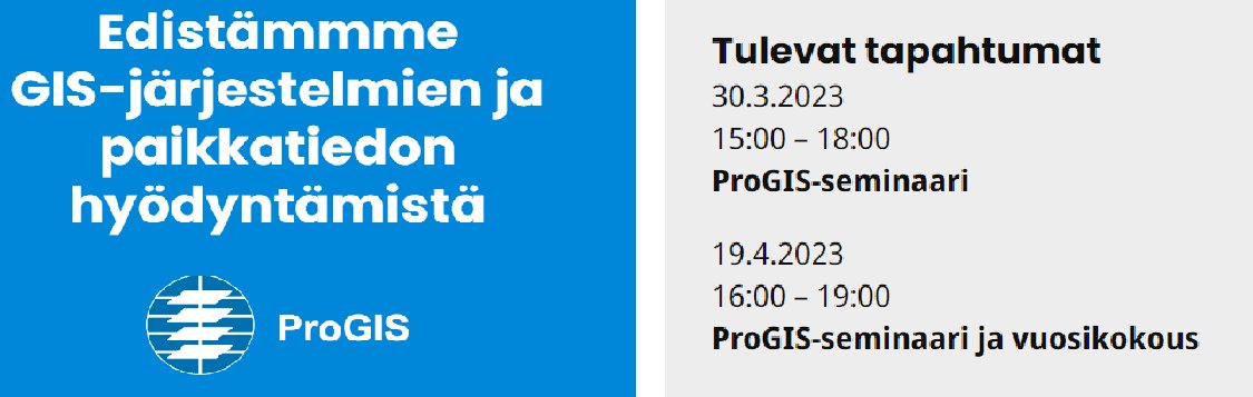 Tapahtumaa pukkaa! Tervetuloa mukaan tuleviin ProGIS tapahtumiin! 30.3. iltapäiväseminaari klo 15 / <a href="/spatineo/">Spatineo Inc</a> ja 19.4. isäntänä <a href="/Infrakit/">Infrakit</a> ja ohjelmassa myös <a href="/ProGISry/">ProGIS</a> kevätkokous! Lisätietoja <a href="/Positiolehti/">Positio-lehti</a>  kalenterista positio-lehti.fi/kalenteri/