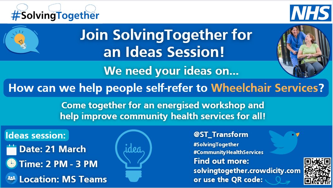 ❓What are your ideas for helping people refer themselves to wheelchair services within the community? 

💡We're holding an Idea Generation Session: 
On: 21 March 
At: 2pm-3pm
MS Teams Link: tinyurl.com/WheelchairIdeas 
Please do join us!🙌

🔗solvingtogether.crowdicity.com
#SolvingTogether