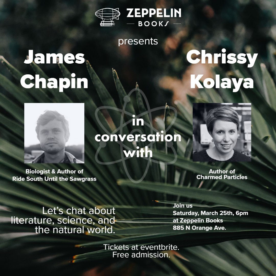 ChrissyKolaya's tweet photo. Orlando friends!
Hope you’ll save the date for me &amp; novelist @jchapin_social: Saturday, March 25th, 6 p.m. at @zeppelinb00ks. We'll be chatting about #science, #literature, the natural world, &amp; our novels RIDE SOUTH UNTIL THE SAWGRASS &amp; CHARMED PARTICLES. @dzancbooks @LFPbooks https://t.co/OHMfHMF5dU