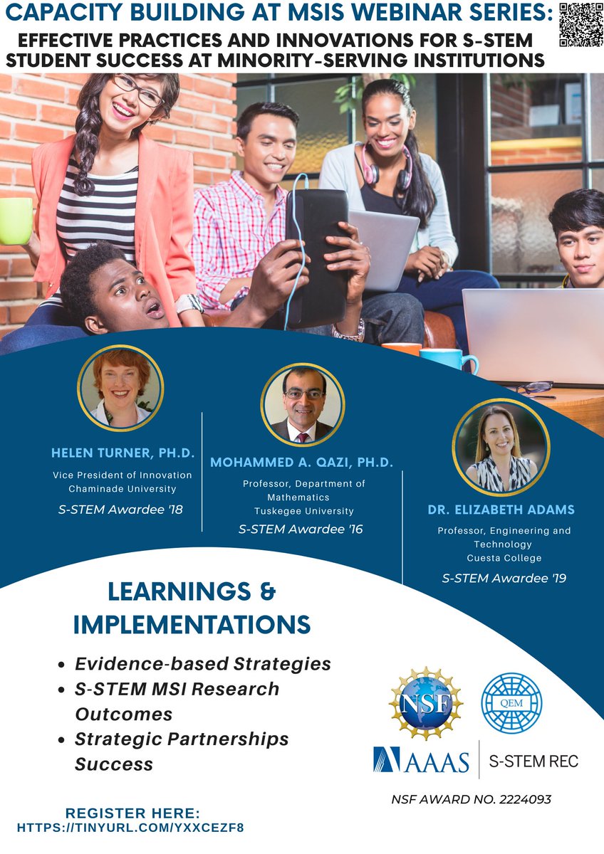 sstem_program's tweet photo. Join our webinar on April 6 from 3-4pm ET. “Effective Practices and Innovations for S-STEM Student Success at Minority-serving Institutions!” Hosted by @AAAS’s S-STEM REC &amp; facilitated by @QEMNetwork. Register here: https://t.co/m6kIA7ROJM. 
#SSTEM #MSIs #EvidenceBasedPractices https://t.co/vH6hVvyK7e