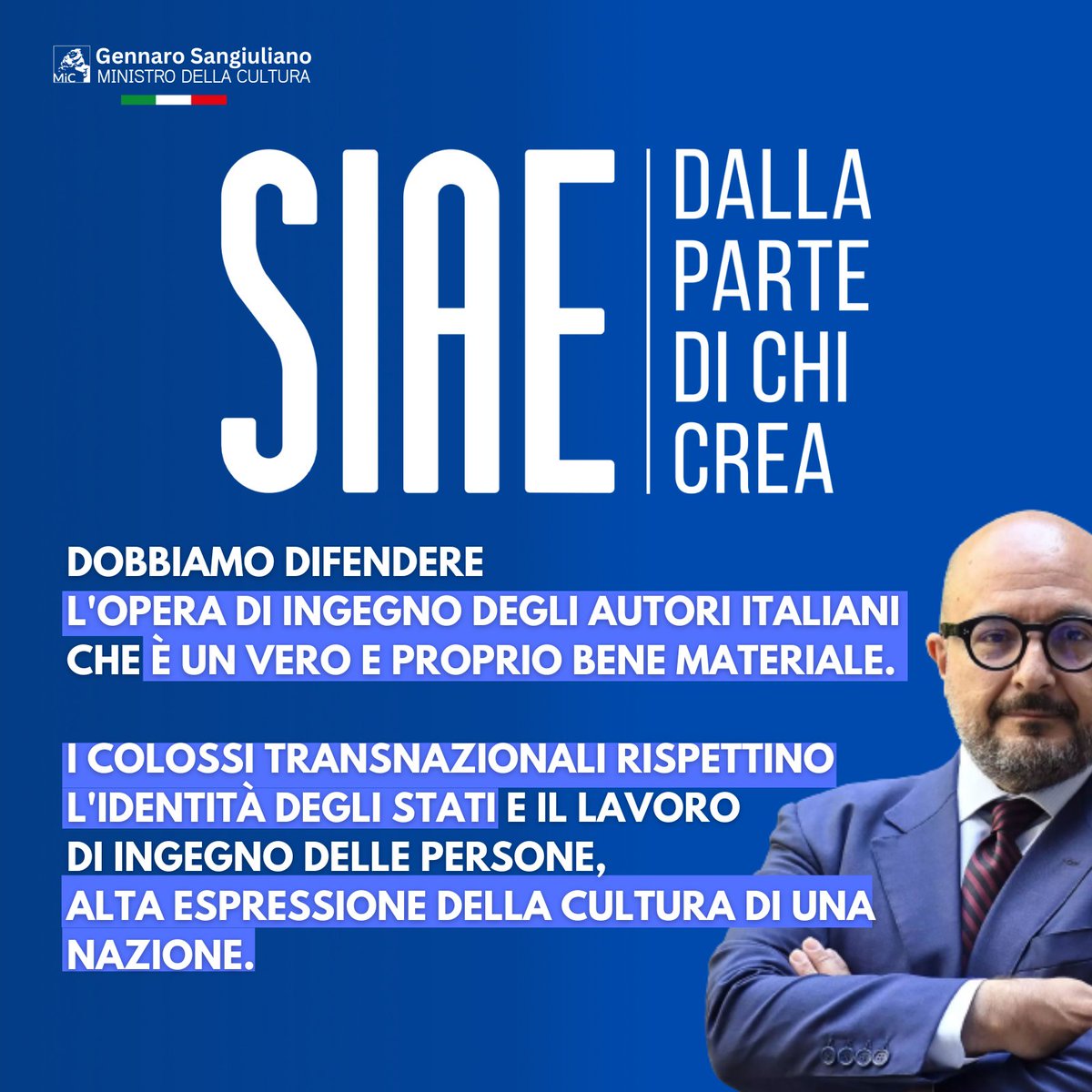 Dobbiamo difendere e tutelare le opere di ingegno degli autori italiani. 
#cultura <a href="/SIAE_Official/">SIAE</a>