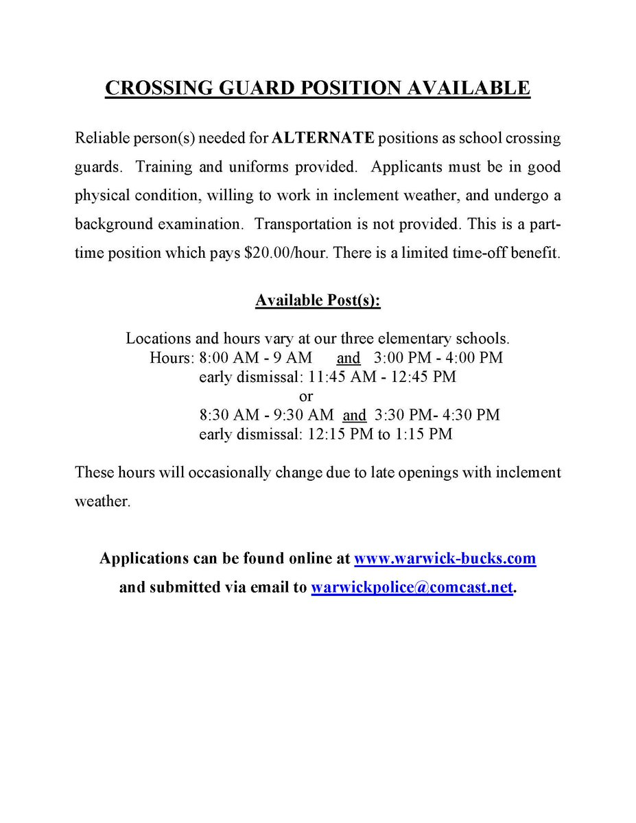 Warwick Township is looking for Crossing Guards