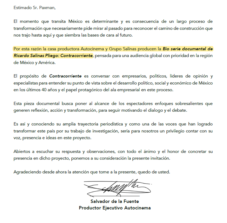 Me invitaron a participar en una serie documental sobre Ricardo Salinas Pliego … financiada por Ricardo Salinas Pliego.

El ego de este señor no conoce límites.

('Contracorriente' - no manches)