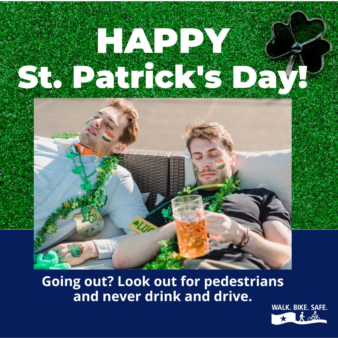 In fatal pedestrian crashes, 5.1 percent of drivers and 37.2 percent of pedestrians were impaired (source: TTI Pedestrian and Bicycle Crash Analysis).

Going out this St. Patrick’s Day? Look out for pedestrians and never drink and drive.

#stpattys #drivesober