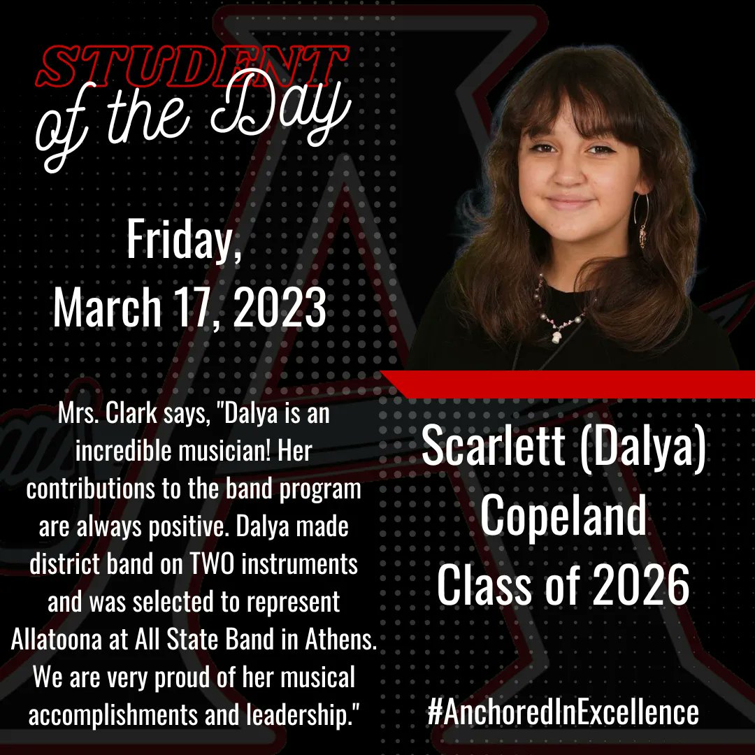 allatoona_hs's tweet photo. Congratulations to our Student of the Day Scarlett (Dalya) Copeland! #GoBucs #AnchoredInExcellence #BucNation @cobbschools https://t.co/CdAHUEGWlG