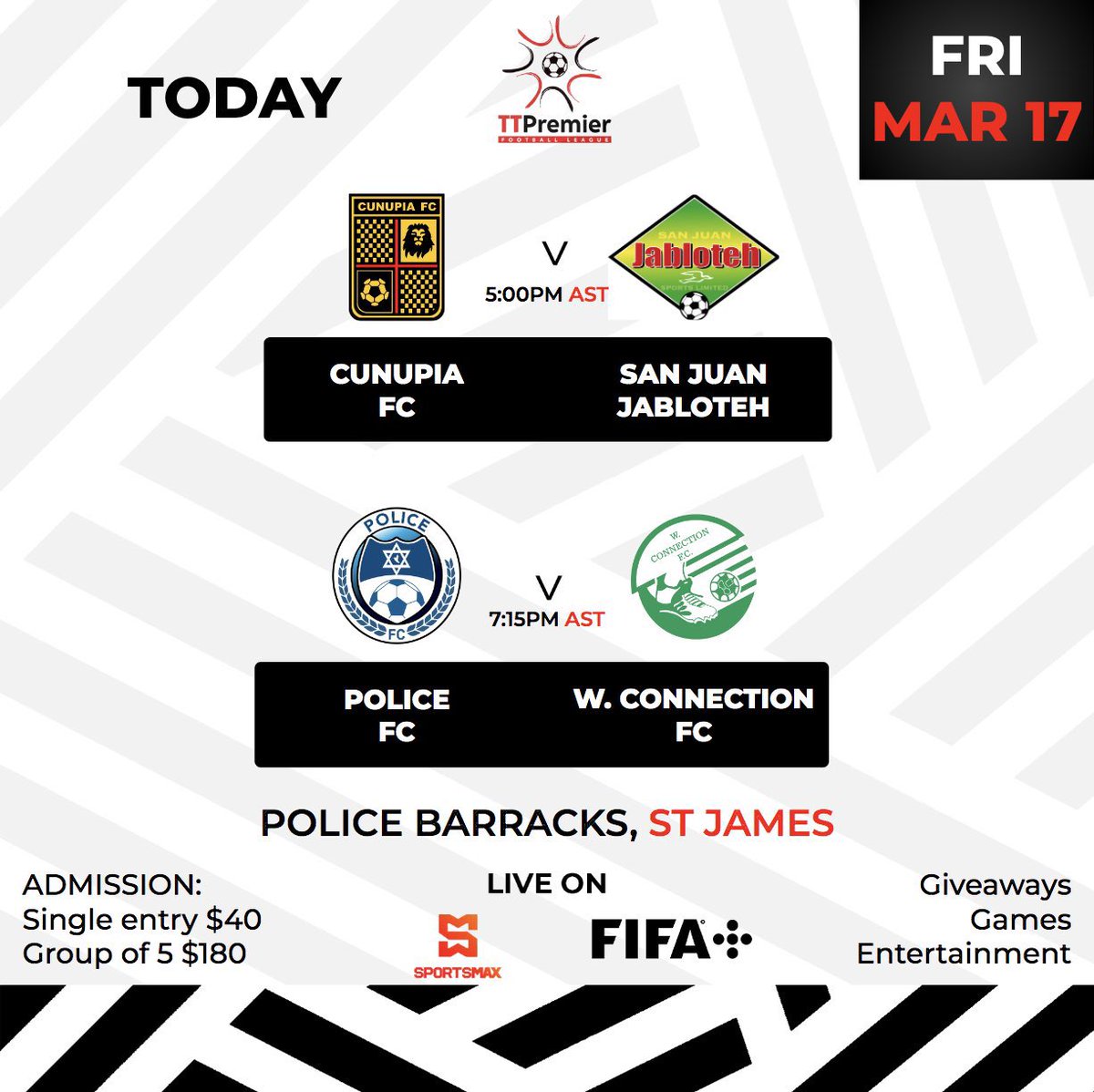 wconnectionfc's tweet photo. It’s #GameDay in the @TTPFL1 for the #SavonettaBoys. We kick off #MatchDay 2 against @PoliceFC3 in the Barracks at 7:15 pm

Can’t make it to the games? Watch live on @SportsMax_Carib or the FIFA + app and website 

#LetGoW https://t.co/Ukx1ndO7L9