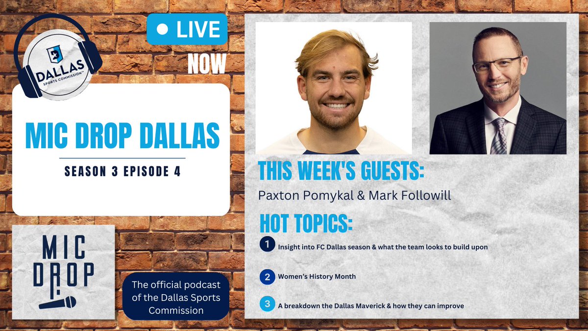 dallas_sports's tweet photo. ⏰Happy #MicDropDallas day! Check out season 3⃣ , episode 4⃣ with special guests:

⚽️ @PaxiPomy 
🎙️ @MFollowill 

Watch: https://t.co/N31UiKtfXD
Stream: https://t.co/oqfkoZsM9W https://t.co/mf1o6PPtw0