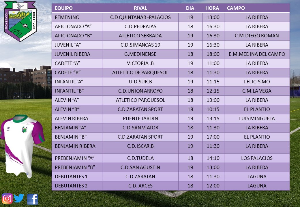 CDJuvRondilla's tweet photo. π₯π₯ HORARIOS DE NUESTOS EQUIPOS DEL CLUB , 18 Y 19 DE MARZO .
#SomosRondilla
#HorariosFinDeSemana
#VamossRondilla
#Futbol11
#FUBOL7
#FutbolFemenino
#Debutantes https://t.co/ThoZkZqLB9