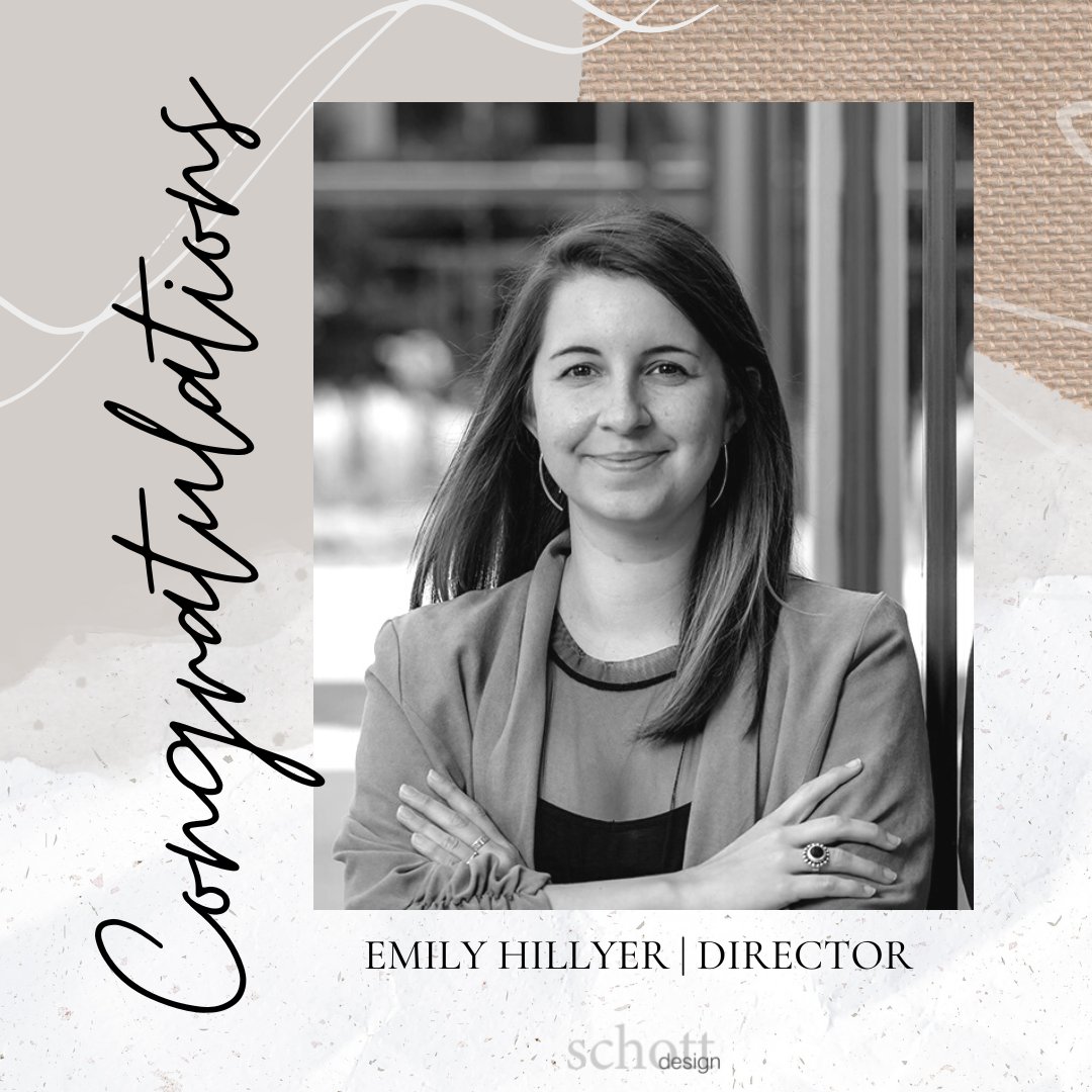 SchottDesignInc's tweet photo. Wishing a very special #Congratulations to @EmilyHillyer as she steps into her new role as #Director! We are grateful for her and all she does for our team! 💚 https://t.co/So0dxJ5hYL