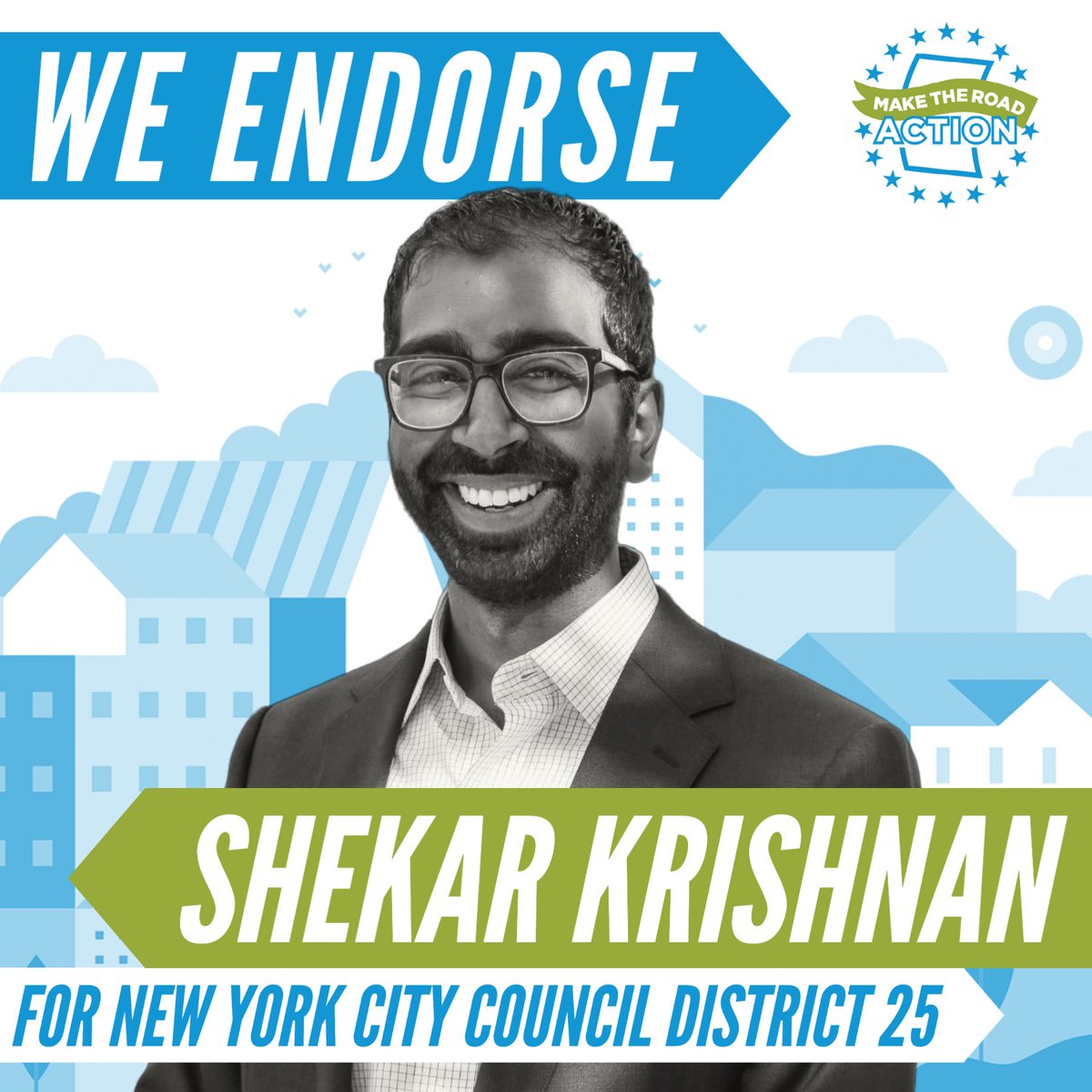MakeRoadActNY's tweet photo. We are THRILLED to endorse @voteshekar for NYC Council District 25!

Shekar has dedicated himself to working for affordable housing for all. 

He fights for more resources for our communities, and standing up for the rights and needs of immigrants &amp; trans communities. https://t.co/gpBFQlCjsf