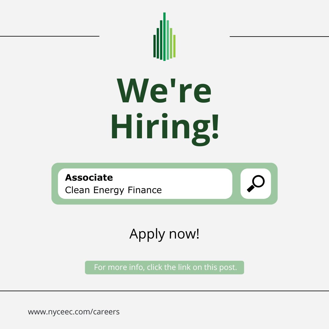 NYCEEC is growing! Are you a dynamic professional interested in the clean energy economy? Apply to our new Associate position!

More information and job application can be found here:
nyceec.applytojob.com/apply/2fyJjX2l…