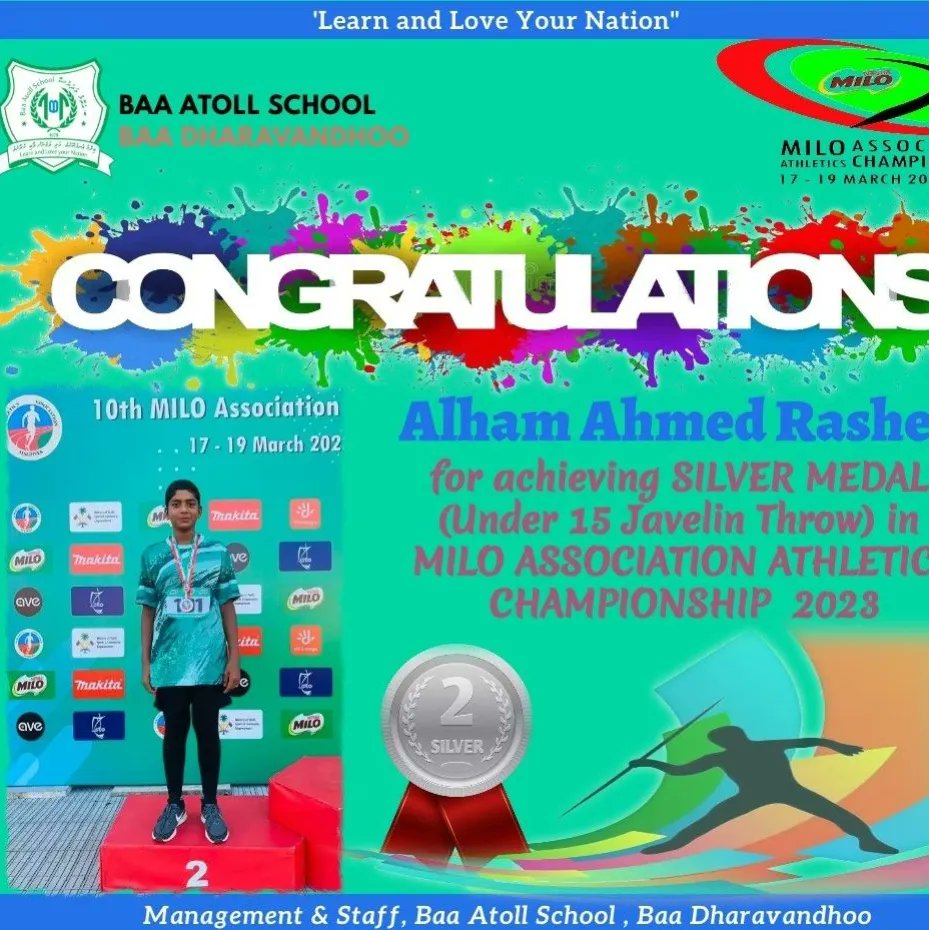 batollschool's tweet photo. Congratulations Alham Ahmed Rasheed of grade 7, for achieving silver medal in Under 15 Javelin Throw in Milo Association Championship 2023. The whole school community is very happy and really proud of your achievement.
Congratulations 👏👏👏👏 https://t.co/e76l09RACy