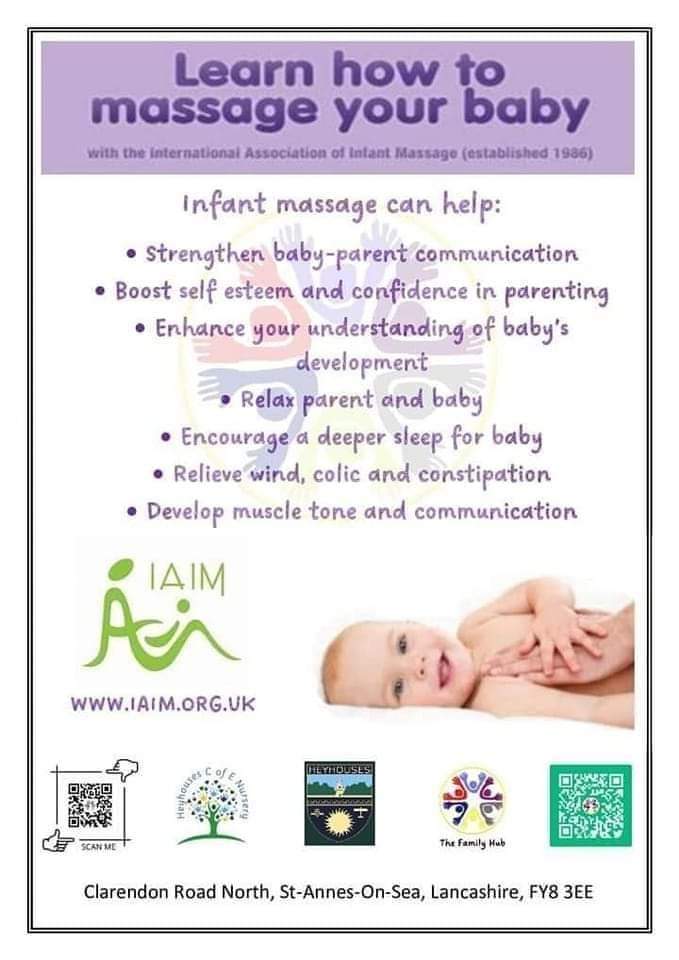 FamilyHubFY8's tweet photo. 🔴 New sessions added 🔴
We have new dates and times available for the next infant massage course at @FamilyHubFY8 
This is a FREE 5 week course starting at 1.30pm on Tuesday the 18th of April.
For further information or to book then please email familyhub@heyhouses.lancs.sch.uk https://t.co/vCDwaD29Ch
