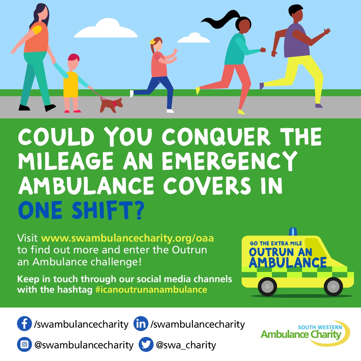 swasFT's tweet photo. 🚑 The Outrun an Ambulance Challenge is back! 

🏃 Run, walk, cycle, swim or self-propel any way you choose.

💚Raise money for @swa_charity 

Sign up today🔽 
https://t.co/5nThU6TgRE

#icanoutrunanambulance #TeamSWASFT https://t.co/eZDQ3wryWA