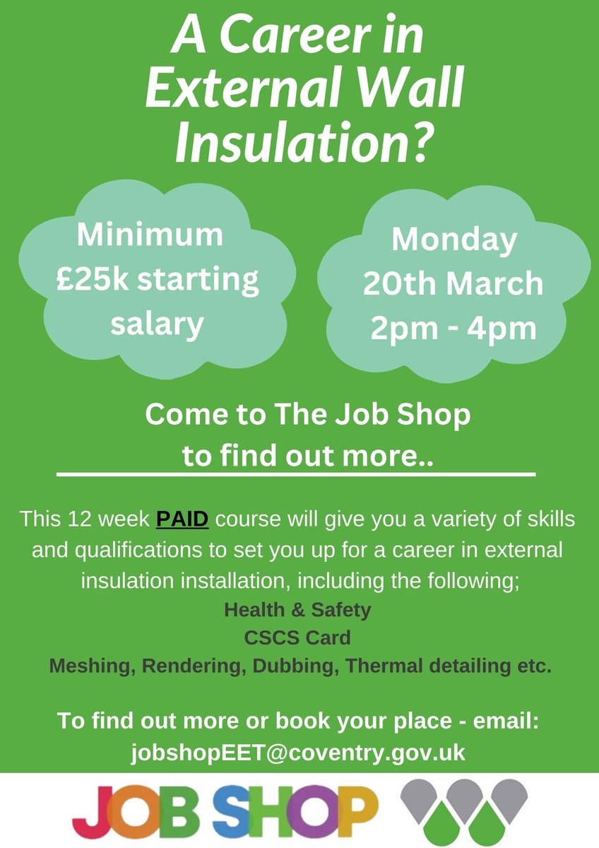 covjobsupport's tweet image. Are you interested in the paid training academy with Westdale Group?
⬇️Find out more below now!

Want to register your interest? Contact us at jobshop@coventry.gov.uk quoting reference: 772848

#JobShop #CoventryCityCouncil #InsulationInstallation #Coventry #Insulation