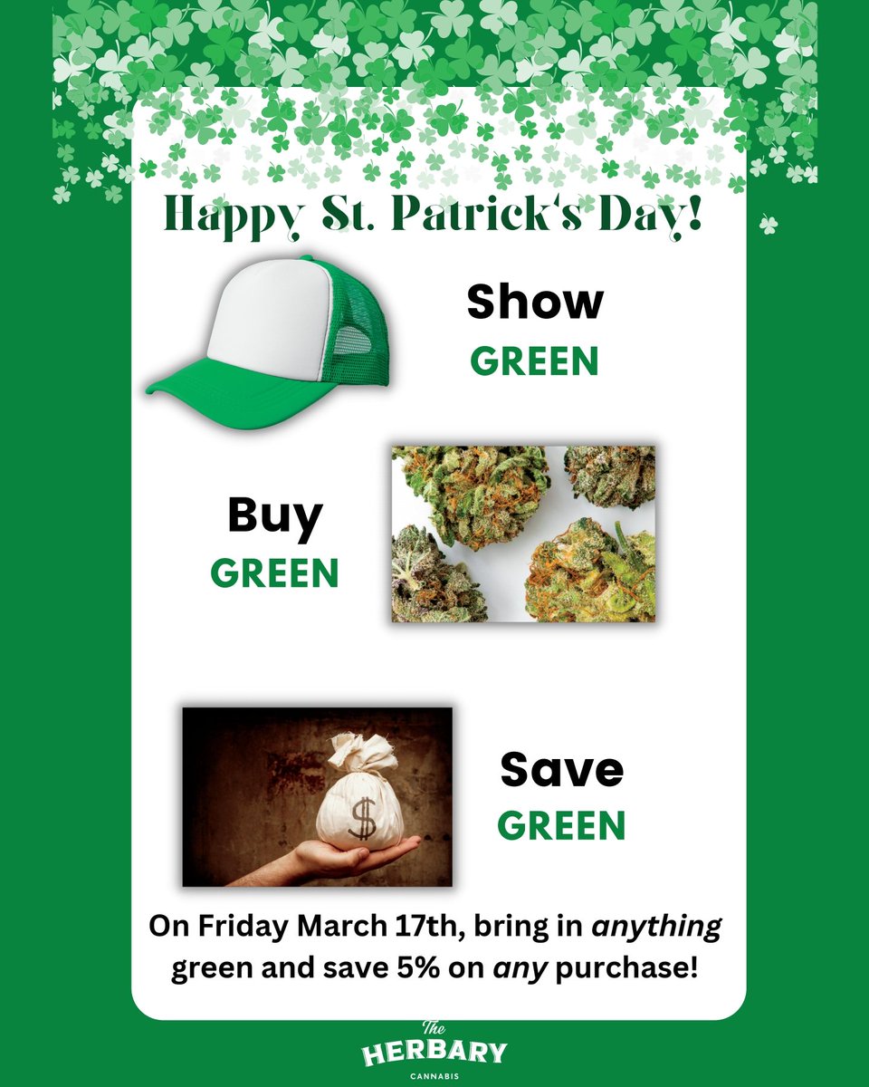 THerbary's tweet photo. Make your St. Patrick's Day greener with 5% off at the Herbary! https://t.co/BzGX8Blge3