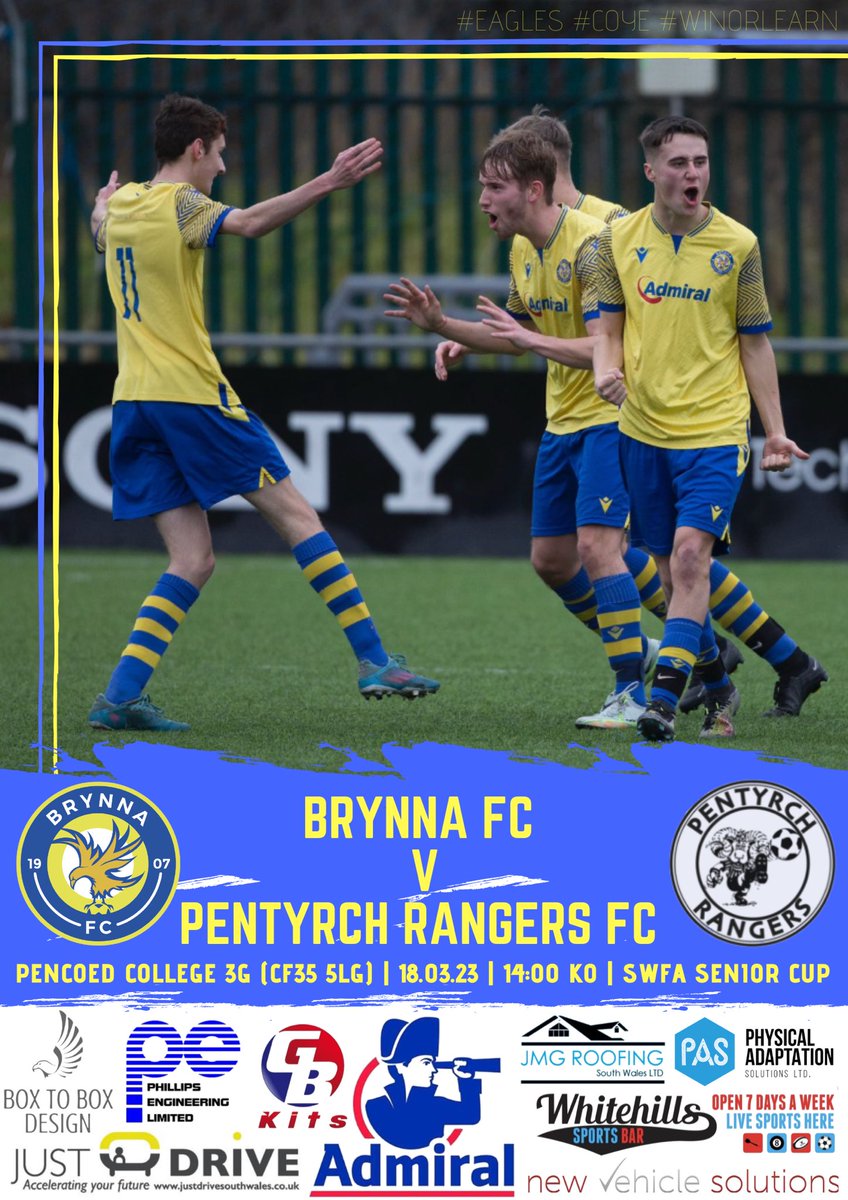 FCBrynna's tweet photo. ⚽️ Upcoming Fixture ⚽️
🆚 Brynna FC v @PentyrchS 
📆 18.03.23
⏰ 14:00 KO
📍 Pencoed College 3G
🏆 SWFA Senior Cup 1/4 Final
💙💛⚽️🦅 #COYE #Eagles #WinOrLearn https://t.co/2kL4HBBjBT